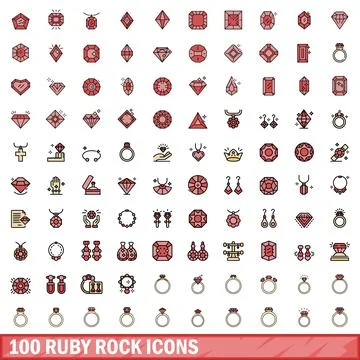 100 ruby rock icons set, color line style Stock Illustration