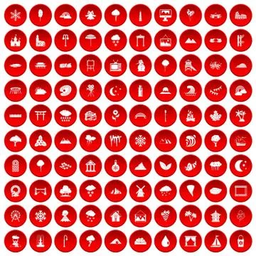 100 scenery icons set red Stock Illustration