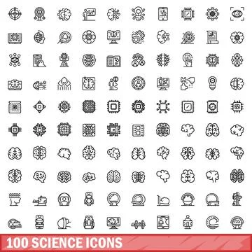 100 science icons set, outline style Stock Illustration