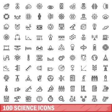 100 science icons set, outline style Stock Illustration