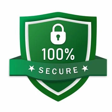 100% Secure Badge with Padlock Icon and Green Shield Stock Illustration