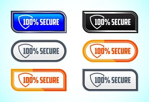 100% Secure button set of different shapes and colors. Suitable for mobile .. Illustrazione stock