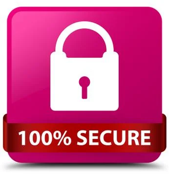 100% secure pink square button red ribbon in middle Stock Illustration