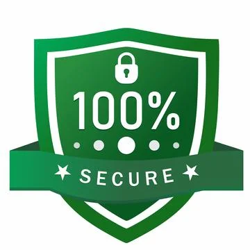 100% Secure Shield Badge with Lock Icon and Green Ribbon Stock Illustration