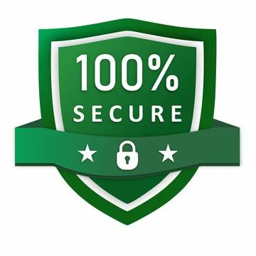 100% Secure Shield Badge with Lock Icon - Green and White Stock Illustration