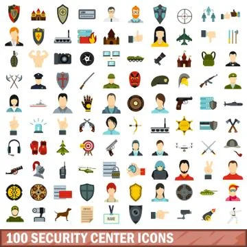 100 security center icons set, flat style Stock Illustration