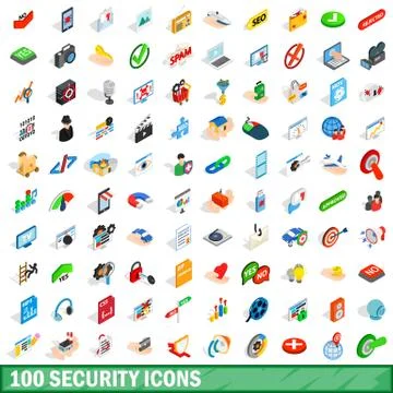 100 security icons set, isometric 3d style Stock Illustration