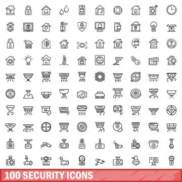 100 security icons set, outline style Stock Illustration