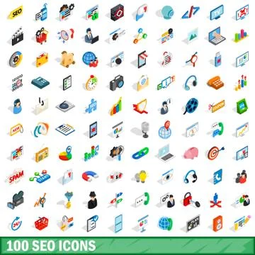 100 seo icons set, isometric 3d style Illustrazione stock