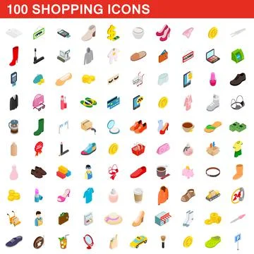100 shopping set, isometric 3d style Stock Illustration