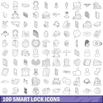 100 smart lock icons set, outline style イラスト素材