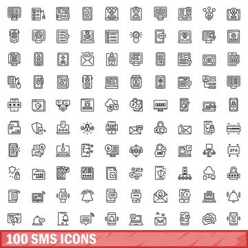 100 sms icons set, outline style Stockillustratie