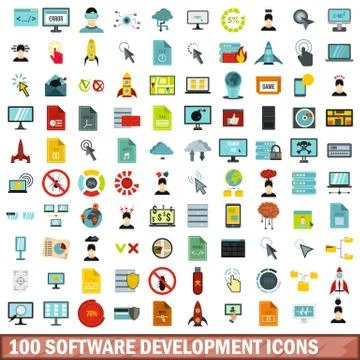 100 software development icons set, flat style イラスト素材