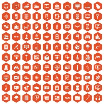 100 software icons hexagon orange Stock Illustration