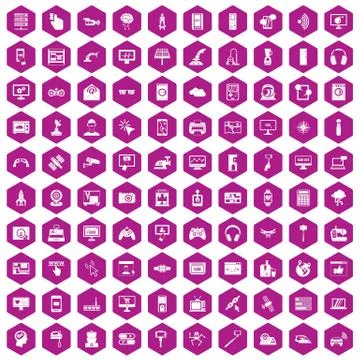 100 software icons hexagon violet Stock Illustration