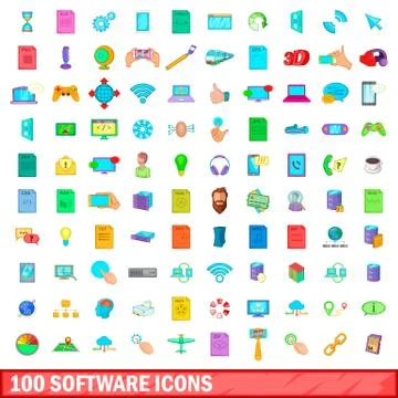 100 software icons set, cartoon style Stock Illustration