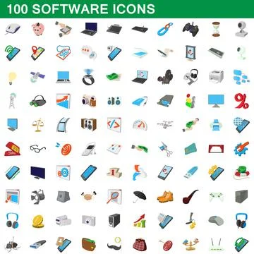 100 software icons set, cartoon style イラスト素材