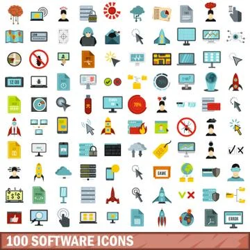 100 software icons set, flat style Illustrazione stock