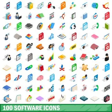 100 software icons set, isometric 3d style Ilustração Stock