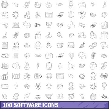 100 software icons set, outline style Stock Illustration