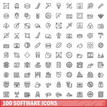 100 software icons set, outline style 스톡 일러스트