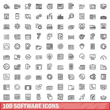 100 software icons set, outline style イラスト素材
