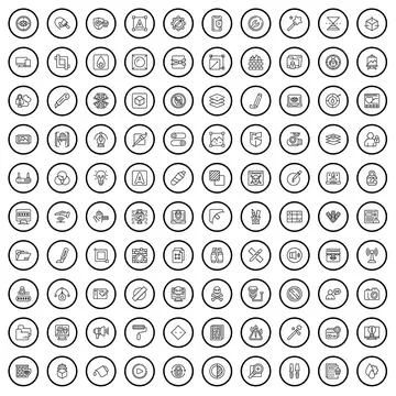 100 software icons set, outline style 库存插图