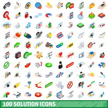 100 solution icons set, isometric 3d style Stock Illustration