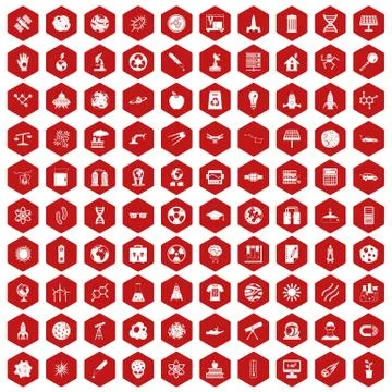 100 space technology icons hexagon red Stock Illustration