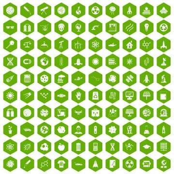 100 space technology icons hexagon green Illustrazione stock
