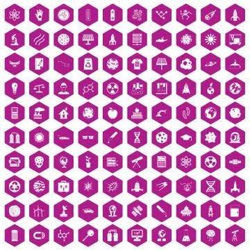 100 space technology icons hexagon violet Stock Illustration