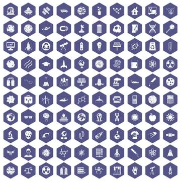100 space technology icons hexagon purple Stock Illustration