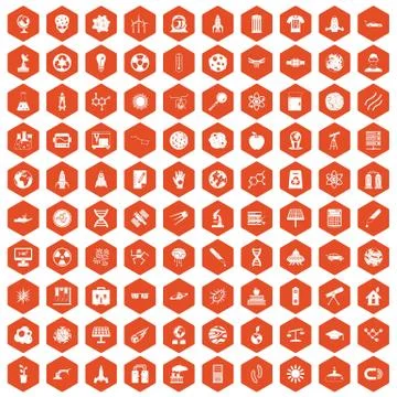 100 space technology icons hexagon orange 스톡 일러스트