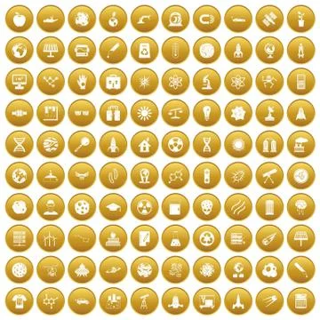 100 space technology icons set gold 库存插图