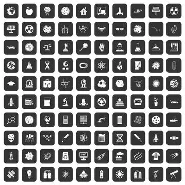 100 space technology icons set black Stock Illustration