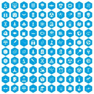100 space technology icons set blue Stock Illustration
