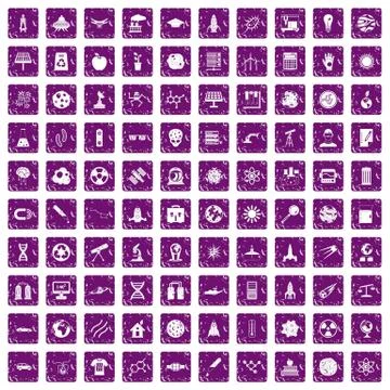 100 space technology icons set grunge purple Stock Illustration