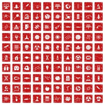 100 space technology icons set grunge red Stock Illustration