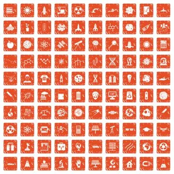 100 space technology icons set grunge orange Stock Illustration