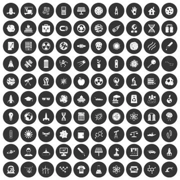 100 space technology icons set black circle 스톡 일러스트