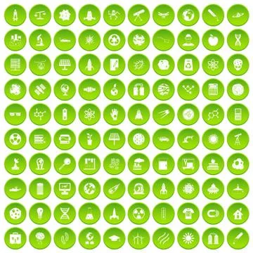 100 space technology icons set green circle Stock Illustration
