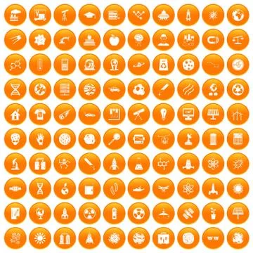 100 space technology icons set orange Stock Illustration