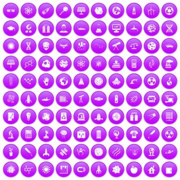 100 space technology icons set purple イラスト素材