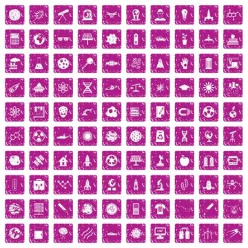 100 space technology icons set grunge pink Stock Illustration