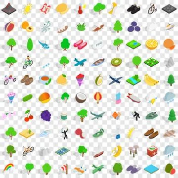 100 spring icons set, isometric 3d style Stock Illustration