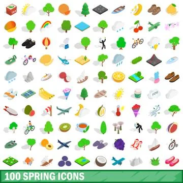 100 spring icons set, isometric 3d style Stock Illustration
