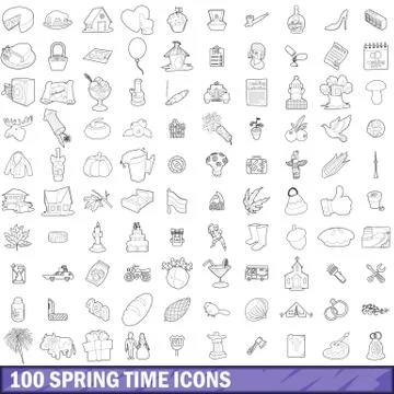 100 spring time icons set, outline style Stock Illustration