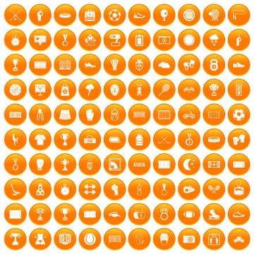 100 stadium icons set orange Stock Illustration