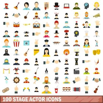 100 stage actor icons set, flat style イラスト素材
