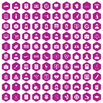 100 statistic data icons hexagon violet Stock Illustration